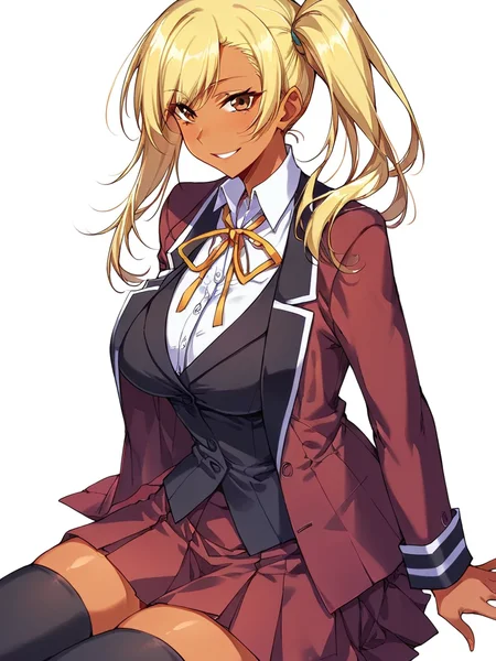 score_9, score_8_up, score_7_up, 
1girl,  white background, dark-skinned female, blonde hair, side ponytail, brown eyes, large breasts,
smile, looking at viewer, black thighhighs, sitting,


school uniform, red blazer, red skirt, neck ribbon, black vest,