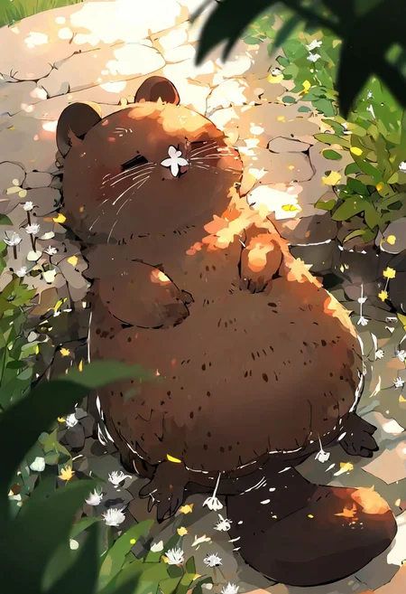 realistic, oharu-chan, akai sashimi, massakasama
very awa, masterpiece, highres, absurdres, newest, year 2024, year 2023, safe general,
perspective, from above, (dutch angle:1.1), (cute_eye:1.1), foreshortening, small, no humans,
solo, cute beaver, opened eyes, on back, beaver ears, beaver tail, paws, dandelion, dandelion seed, (butterfly on nose:1.2), partially submerged, (relaxing:1.1),
tall grass, embers, detailed background, onsen, blurry foreground, sunbeam, dappled sunlight, sunlight, (sidelighting:1.2),
<lora:ponyv4_noob1_2_adamW:0.3>, <lora:spo:0.85>,
<lora:illustrious_noobai_epsilon_pred_1_masterpieces_v1:1.0>,