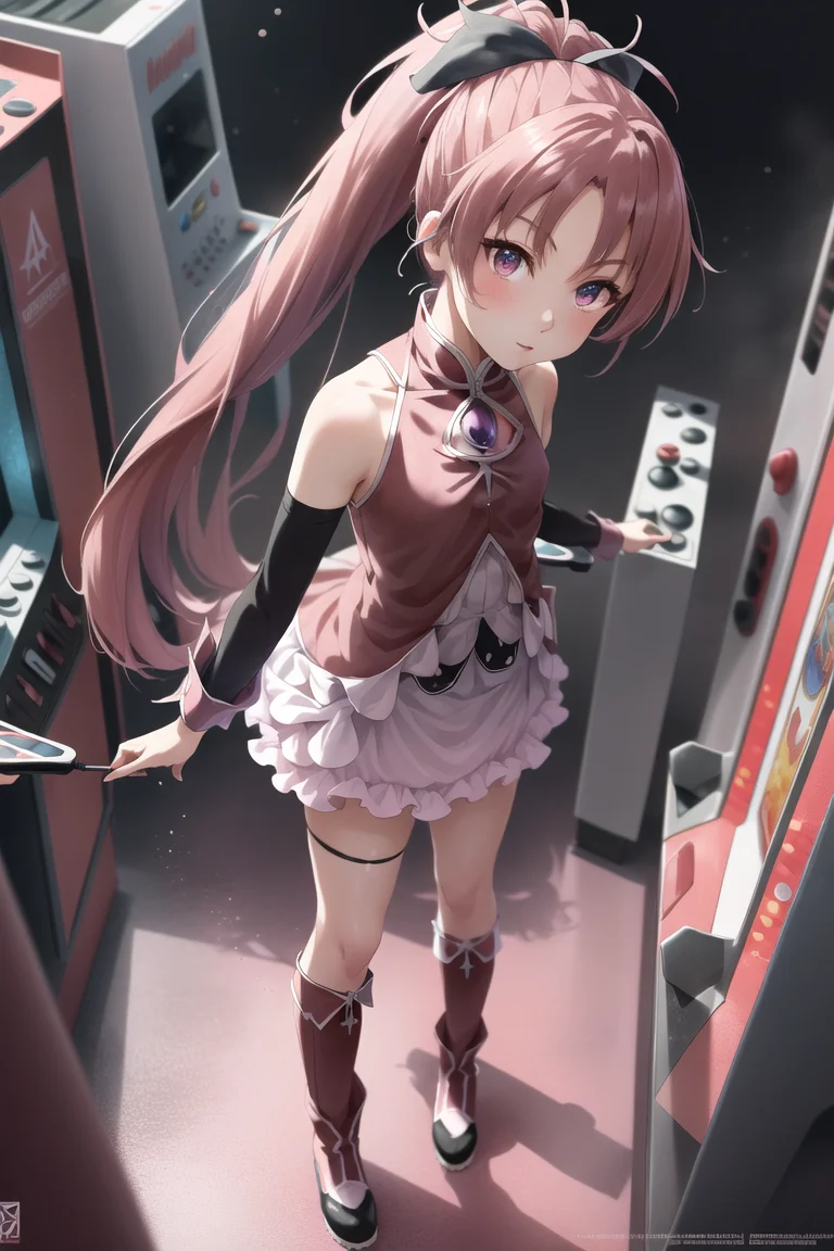 pmmmKyouko, solo, full body, from above, \(a girl using an arcade cabinet\), (detailed shiny anime style eyes), flat chest, detailed textures, neon lighting, colorful lighting, aesthetic, intricate, glowing, bokeh, sharp focus, <lora:KyoukoSakura:1>