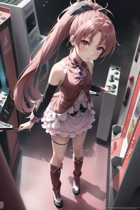 pmmmKyouko, solo, full body, from above, \(a girl using an arcade cabinet\), (detailed shiny anime style eyes), flat chest, detailed textures, neon lighting, colorful lighting, aesthetic, intricate, glowing, bokeh, sharp focus, <lora:KyoukoSakura:1>