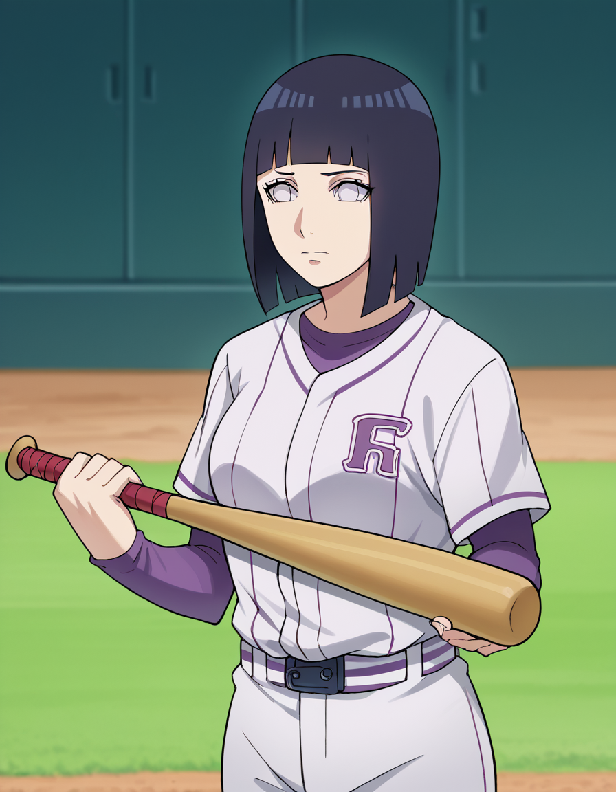 score_9, score_8_up, score_7_up, source_anime, <lora:hinata-hyuuga-boruto-anime-ponyxl-lora-nochekaiser:1>, hinata uzumaki, hyuuga hinata, short hair, bangs, black hair, blunt bangs, white eyes, mature female, large breasts,, <lora:baseball-uniform-ponyxl-lora-nochekaiser:1> baseball uniform, baseball, striped belt, shirt under shirt, sportswear, ribbed shirt, baseball helmet, baseball bat, baseball jersey, baseball field, holding baseball bat,, , cowboy shot,