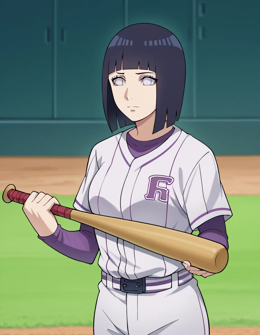 score_9, score_8_up, score_7_up, source_anime, <lora:hinata-hyuuga-boruto-anime-ponyxl-lora-nochekaiser:1>, hinata uzumaki, hyuuga hinata, short hair, bangs, black hair, blunt bangs, white eyes, mature female, large breasts,, <lora:baseball-uniform-ponyxl-lora-nochekaiser:1> baseball uniform, baseball, striped belt, shirt under shirt, sportswear, ribbed shirt, baseball helmet, baseball bat, baseball jersey, baseball field, holding baseball bat,, , cowboy shot,