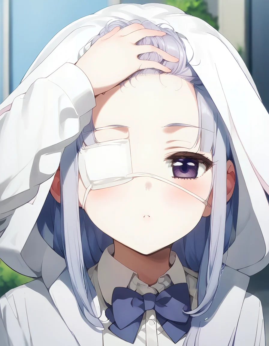 score_9, score_8_up, score_7_up, source_anime,
1girl, solo, looking at viewer, outdoors,
<lora:revealing_forehead_concept-soralz:0.9>,
revealing forehead, hand on own hair, looking at viewer, blushed, blurry background, upper body, forehead, blush,
<lora:sayuri_kagami_anime_v2-soralz:1>, sayuri kagami, very long hair, purple eyes, light silver hair, sidelocks,, school uniform, hooded jacket, white jacket, open jacket, rabbit hood, eyepatch, blue bowtie, collared shirt, white shirt, long sleeves, shirt tucked in, low twintails, plaid skirt, pantyhose, uwabaki
