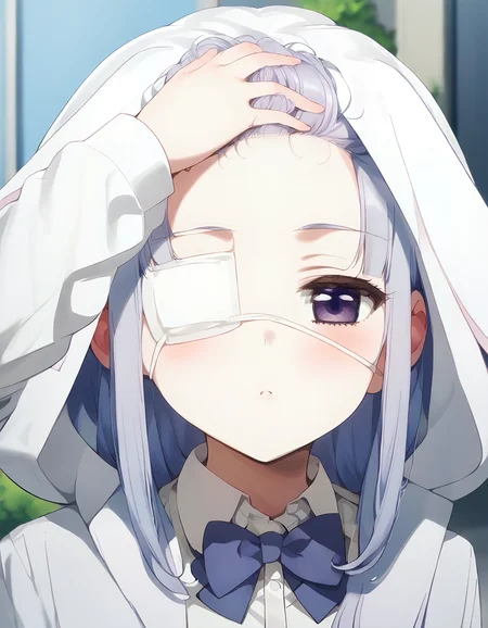 score_9, score_8_up, score_7_up, source_anime,
1girl, solo, looking at viewer, outdoors,
<lora:revealing_forehead_concept-soralz:0.9>,
revealing forehead, hand on own hair, looking at viewer, blushed, blurry background, upper body, forehead, blush,
<lora:sayuri_kagami_anime_v2-soralz:1>, sayuri kagami, very long hair, purple eyes, light silver hair, sidelocks,, school uniform, hooded jacket, white jacket, open jacket, rabbit hood, eyepatch, blue bowtie, collared shirt, white shirt, long sleeves, shirt tucked in, low twintails, plaid skirt, pantyhose, uwabaki