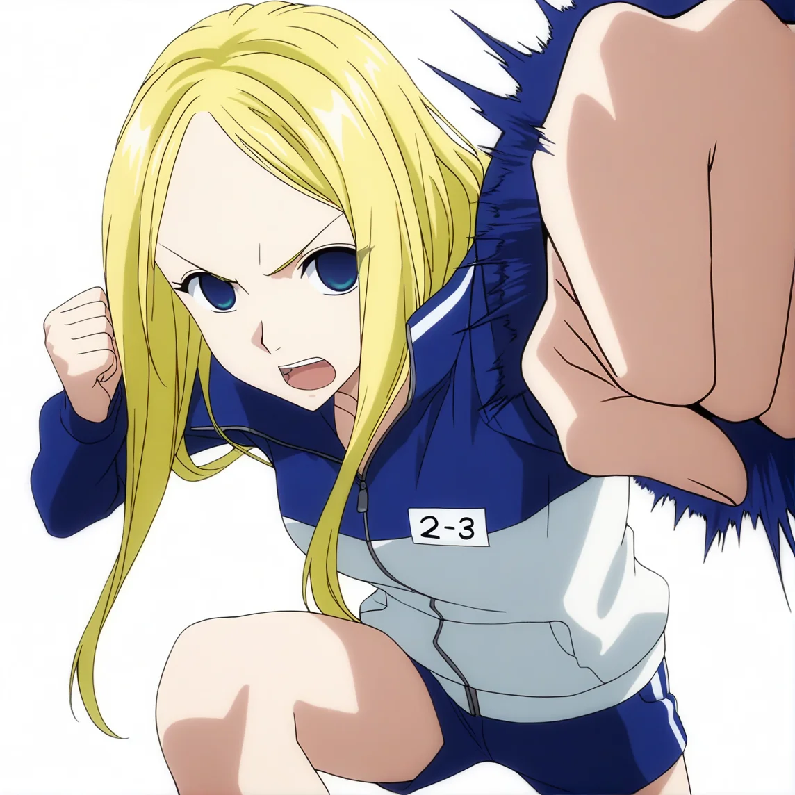 sharp focus, pixiv masterpiece, score_9, score_8_up,  source_anime, score_7_up, best quality, high res, absurd res, BREAK
<lora:Nino_arakawa_under_the_bridge_illu_v38:1>,nino_arakawa_il, (1girl, solo:1.5), blonde_hair, blue_eyes, blue_white_tracksuit, number_tag, long_hair, blue_shorts, side_stripes,(anime_screencap:1.1) concentrated, white background, simple background, clenched fist, from below, punching,