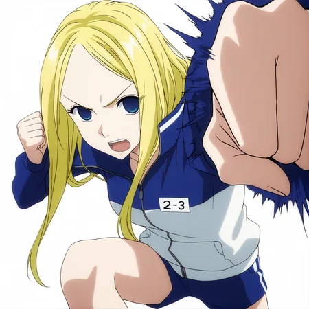 sharp focus, pixiv masterpiece, score_9, score_8_up, source_anime, score_7_up, best quality, high res, absurd res, BREAK
<lora:Nino_arakawa_under_the_bridge_illu_v38:1>,nino_arakawa_il, (1girl, solo:1.5), blonde_hair, blue_eyes, blue_white_tracksuit, number_tag, long_hair, blue_shorts, side_stripes,(anime_screencap:1.1) concentrated, white background, simple background, clenched fist, from below, punching,
