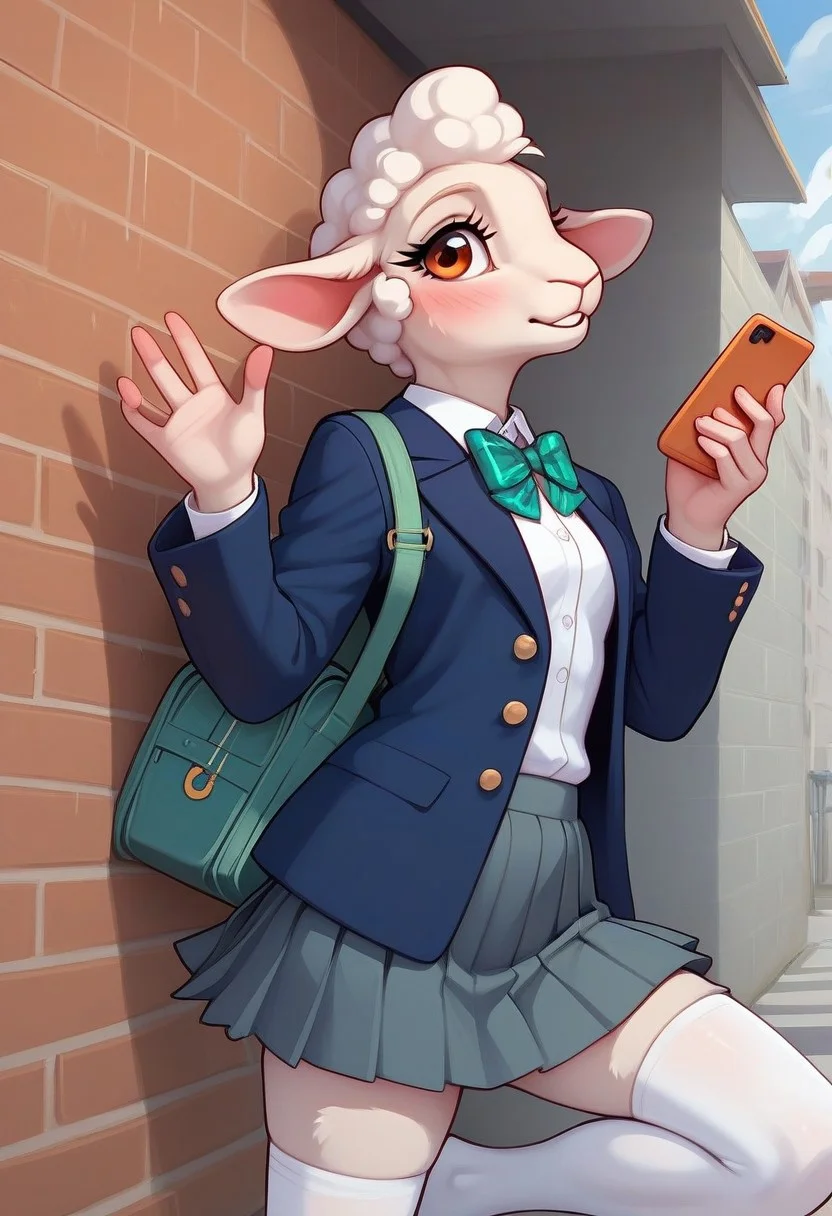 (ultra realistic, 32k, masterpiece:1.2), (high detailed skin:1.1), (high quality:1.1), source_furry,   <lora:add-detail-xl:.5>,  smooth image,  score_7_up, score_8_up,score_9,perfect quality, masterpiece, Anthro sheep,loimu, vanilja,sheep girl, short white woolly hair, light pink skin, expressive reddish-orange eyes,wearing a Japanese-style school uniform, navy blue blazer with gold buttons, white dress shirt, green ribbon bow tie, pleated dark grey skirt, white thigh-high socks, and holding a smartphone in one hand, wearing a black school backpack, standing pose