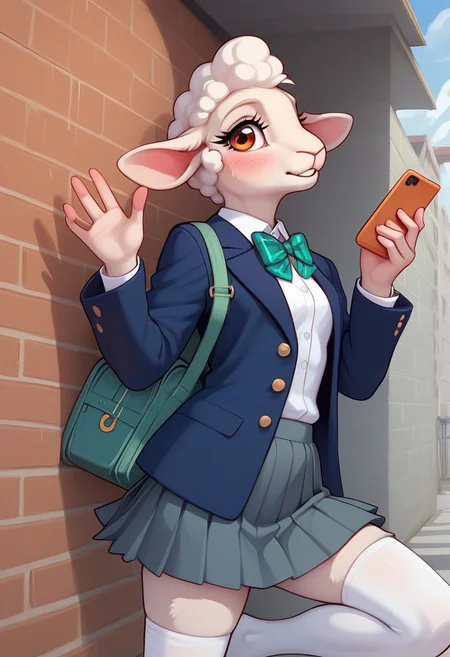 (ultra realistic, 32k, masterpiece:1.2), (high detailed skin:1.1), (high quality:1.1), source_furry,   <lora:add-detail-xl:.5>,  smooth image,  score_7_up, score_8_up,score_9,perfect quality, masterpiece, Anthro sheep,loimu, vanilja,sheep girl, short white woolly hair, light pink skin, expressive reddish-orange eyes,wearing a Japanese-style school uniform, navy blue blazer with gold buttons, white dress shirt, green ribbon bow tie, pleated dark grey skirt, white thigh-high socks, and holding a smartphone in one hand, wearing a black school backpack, standing pose