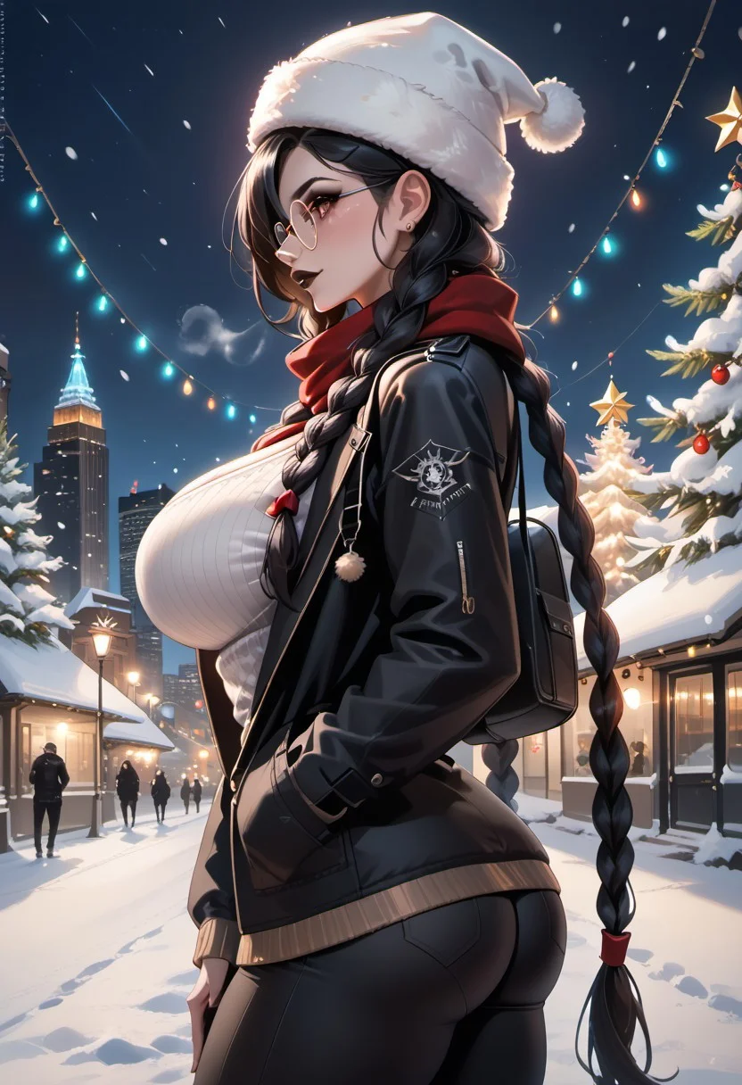 score_9, score_8_up, score_7_up, score_6_up, score_5_up, score_4_up, dynamic, Cinematic Lighting, Volumetric Lighting, Bloom, Post Processing, Perfect Anatomy, Extremely Detailed Eyes And Face, Perfect Eyes.
1girl, Solo, Goth, ((Long Black Hair)),(((very long braids:1.5))) ((Braids)), Dark Red Eyes, Dark Eyeliner, Mascara, Big Eyes, Mole On Chest, Goth, Black Lipstick, Choker, Cute Face, Blush, Big Round , Glasses, Slim Figure, Narrow Waist, Wide Hips, (High Breasts), (Huge Breasts: 1.2), Perfectly Round Breasts, Perfect Round Butt, Wide Hips,
-- clothes -- red scarf, white sweater, black pants, black coat, winter, winter hat,
outdoors, sky, cloud, winter, snowfall, Steam from the mouth., night, profile, depth of field, city lights background, backlight, christmas lights, christmas tree, night
wipe the upper part of the body,