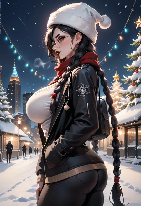 score_9, score_8_up, score_7_up, score_6_up, score_5_up, score_4_up, dynamic, Cinematic Lighting, Volumetric Lighting, Bloom, Post Processing, Perfect Anatomy, Extremely Detailed Eyes And Face, Perfect Eyes.
1girl, Solo, Goth, ((Long Black Hair)),(((very long braids:1.5))) ((Braids)), Dark Red Eyes, Dark Eyeliner, Mascara, Big Eyes, Mole On Chest, Goth, Black Lipstick, Choker, Cute Face, Blush, Big Round , Glasses, Slim Figure, Narrow Waist, Wide Hips, (High Breasts), (Huge Breasts: 1.2), Perfectly Round Breasts, Perfect Round Butt, Wide Hips,
-- clothes -- red scarf, white sweater, black pants, black coat, winter, winter hat,
outdoors, sky, cloud, winter, snowfall, Steam from the mouth., night, profile, depth of field, city lights background, backlight, christmas lights, christmas tree, night
wipe the upper part of the body,