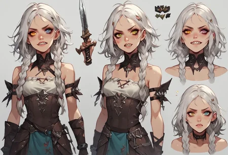 ASCII Busty, (small breasts), score_9, score_8_up, score_7_up, score_7, score_6_up,
long wild unruly hair, sharp high quality, sharp teeth, shark-like teeth, hair braids, face close up of a stunning girl with grey braided hair and , petite build, with a braids cut hairstyle,standing in a dimly lit environment fantasy dungeon. heterochromia, one green and on amber eye, , showing teeth, mischievous, open/closed mouth, cut3ch4r, multiple views, Dagger, taloned hands, sharp talonlike nails