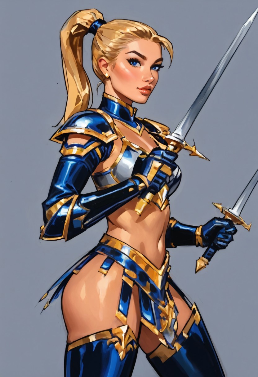(score_9_up, score_8_up, score_7_up, score_6_up),, (high quality), (high resolution), , beautiful eyes, perfect lips, Taria_Mace, blonde hair, ponytail, blue eyes, bikini armor, dark-blue armor, thighhigh boots, greaves, shoulder armor, pauldron, elbow cop,  long sleeves armor, gauntlets, gold trim, gold handle,  standing, two swords, upper body, looking at view, large brasts, wide hips, slim waist, sexy BREAK, simple background, BREAK score_9, score_8, score_7