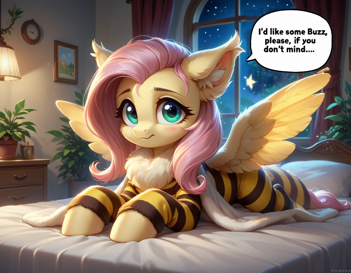 score_9, score_8_up, score_7_up, score_6_up, score_5_up, score_4_up,
source_pony, source_safe,
furry, colorful, a picture of a pegasus pony Fluttershy with big eyes wearing a bee costume with a speech bubble saying "I'd like some Buzz, please, if you don't mind..." in her bedroom,
ear fluff, fur tufts, night, stars, moon, window, plants, bed, blanket, volumetric lighting <lora:Pony_QualityV4.0.safetensors:1.0> <lora:Pony_DetailV2.0.safetensors:1.0>