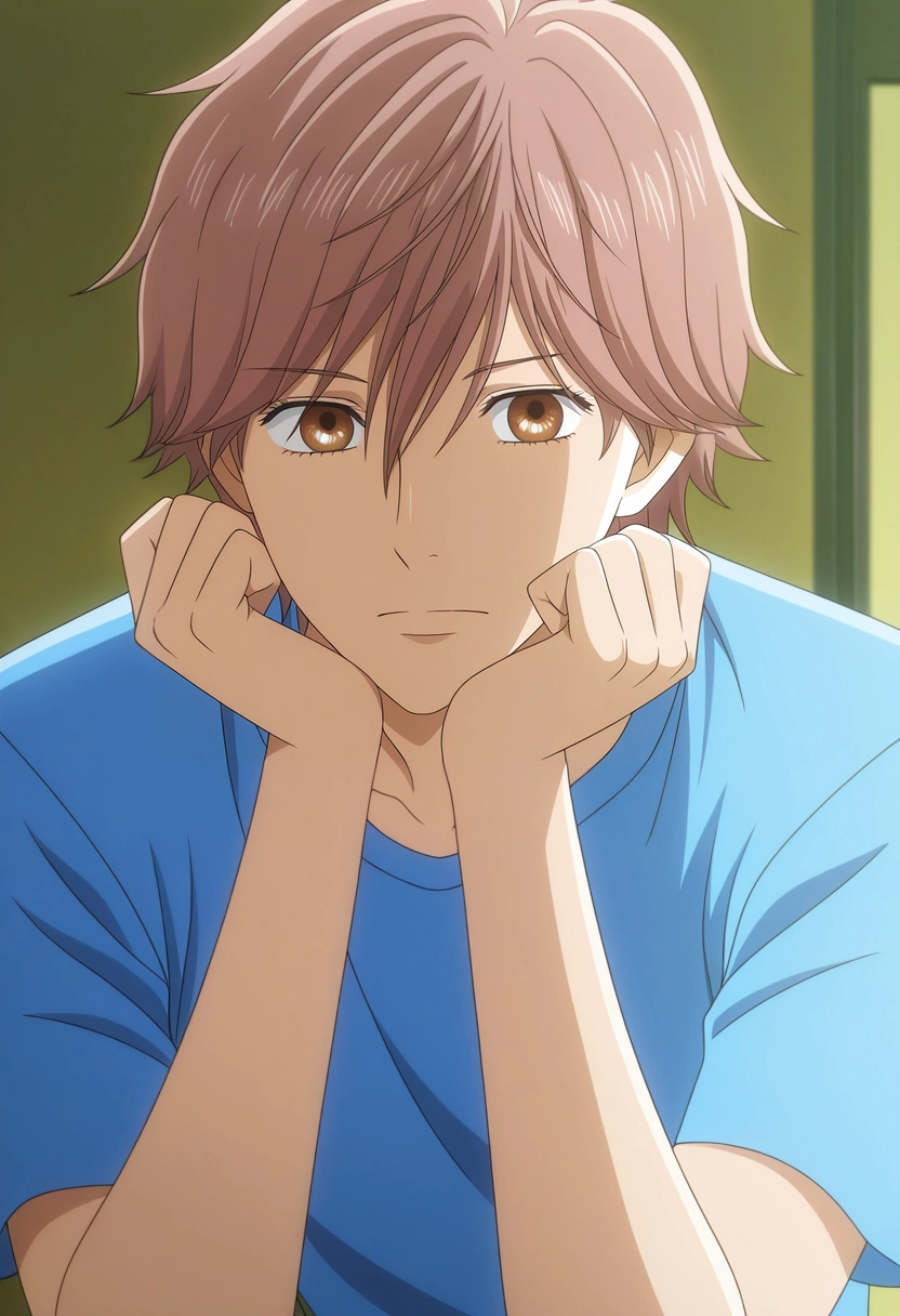 masterpiece, best quality, , anime screencap, anime coloring, official style, looking at viewer, 1boy, solo, male focus, <lora:taichi_mashima_ilxl:0.98>, taichi_mashima, brown hair, brown eyes, short hair, bangs, hair between eyes, blue shirt,