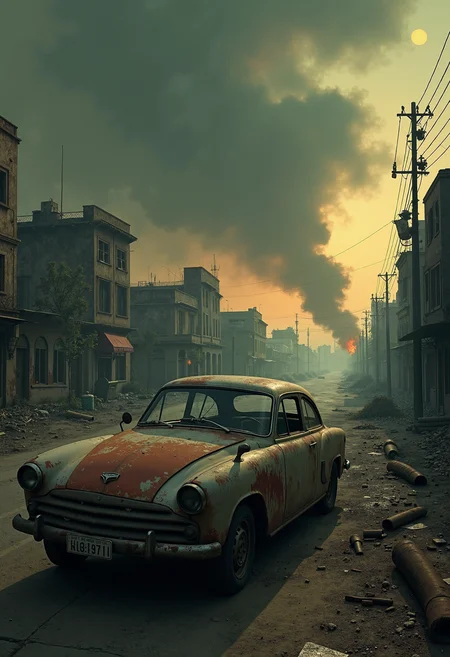 A detailed and realistic landscape photograph of a rusted, abandoned car in a desolate post-apocalyptic cityscape. The sky is filled with swirling, ominous clouds of ash and smoke, casting a dark, muted light over the scene. The car’s weathered paint is chipped and peeling, while the cracked windows are covered in a fine layer of dust. The surrounding streets are littered with debris, broken glass, and abandoned remnants of a once-bustling urban environment. Burned-out buildings loom in the distance, their skeletal frames silhouetted against the dying light of a sun blocked by smoke. A faint orange glow from distant fires flickers in the background, creating an eerie contrast with the otherwise lifeless landscape.

