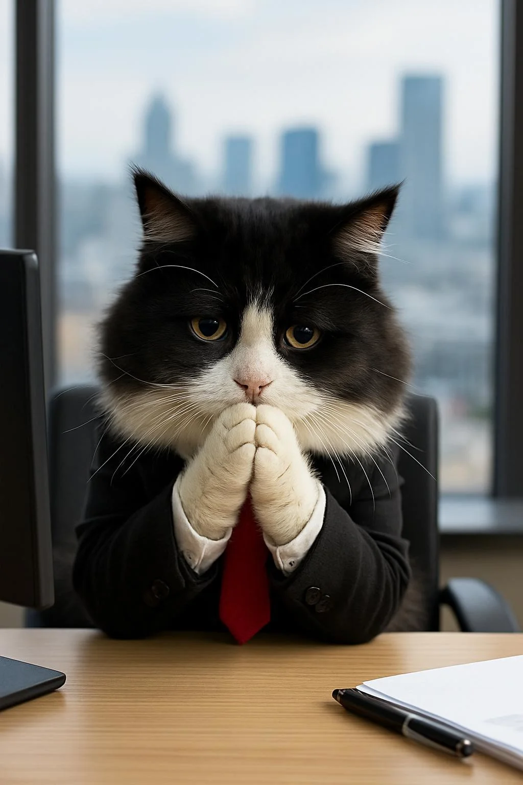 Generate me a cute, fluffy tuxedo business cat with a cute red collar and tie. Its sitting with its hands together in front of its face as it looks disappointed at the viewer. He's sitting behind a office desk in a skyrise office with a view of the city. cute, fluffy, realistic, 8k, uhd, high quality, depth of field,