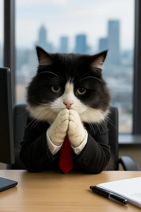 Generate me a cute, fluffy tuxedo business cat with a cute red collar and tie. Its sitting with its hands together in front of its face as it looks disappointed at the viewer. He's sitting behind a office desk in a skyrise office with a view of the city.   cute, fluffy, realistic, 8k, uhd, high quality, depth of field,