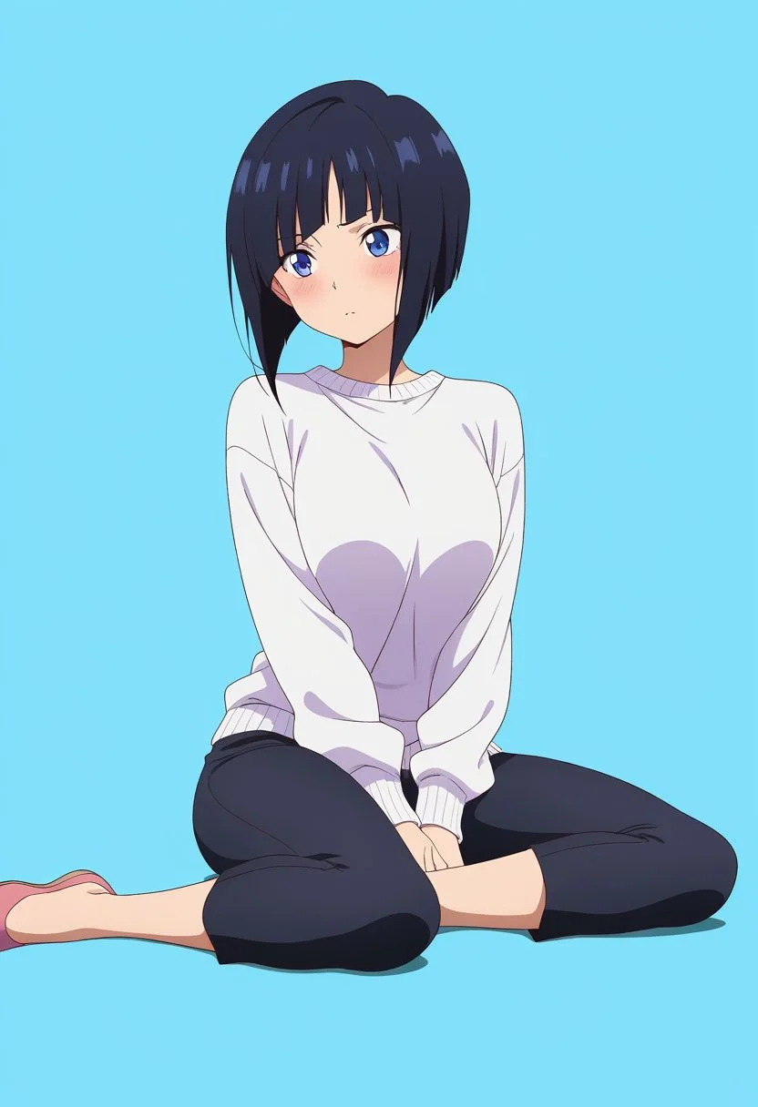 masterpiece, best quality, amazing quality, anime coloring, anime screencap,  1girl, inverted bob, white sweater, capri pants, black pants,  black hair,  blue background,  simple background,   yokozuwari,