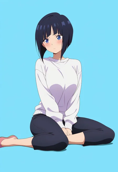 masterpiece, best quality, amazing quality, anime coloring, anime screencap, 1girl, inverted bob, white sweater, capri pants, black pants, black hair, blue background, simple background, yokozuwari,
