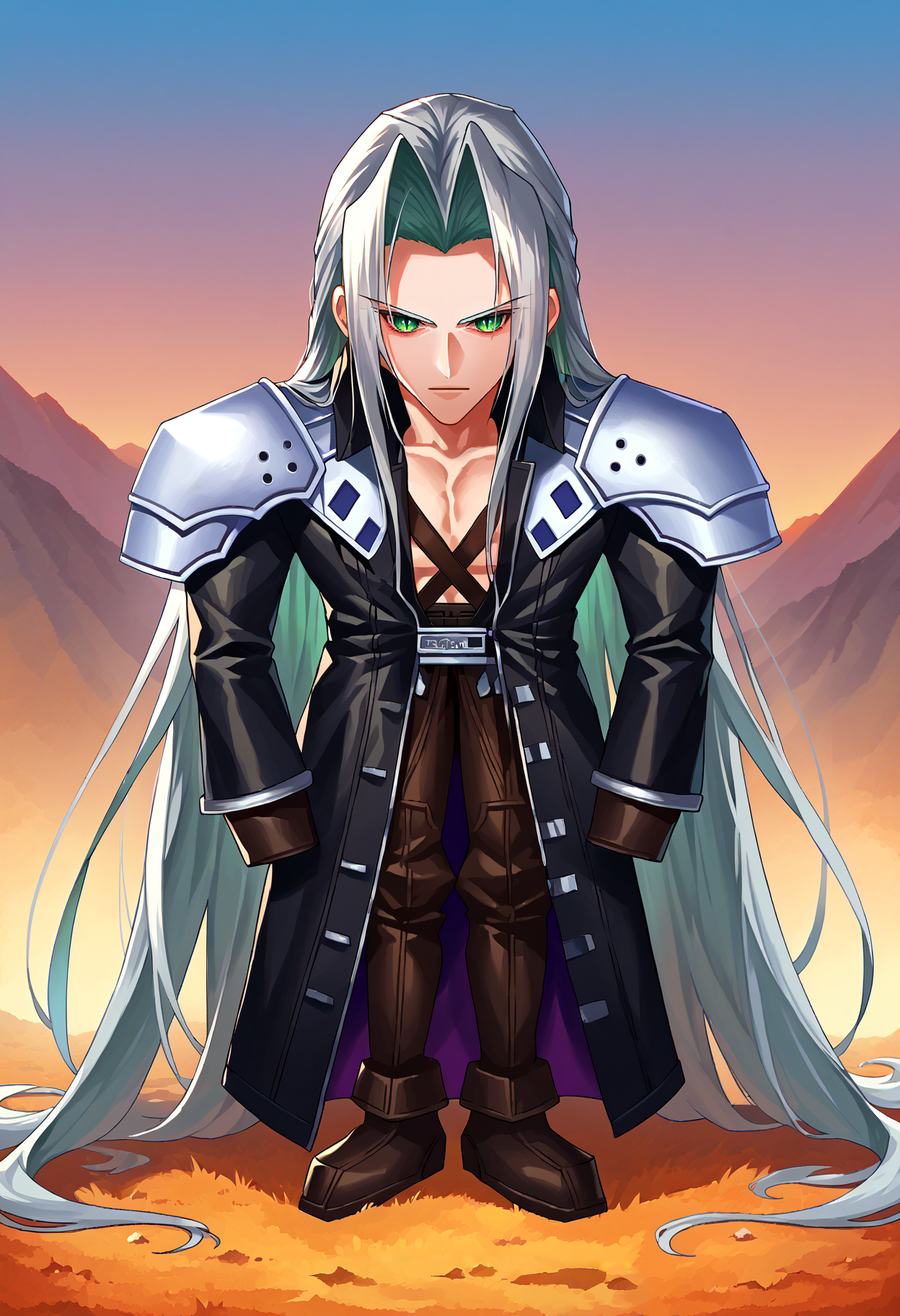 score_9, score_7_up, <lora:StS_PonyXL_Detail_Slider_v1.4_iteration_3:2> hill,
<lora:FFVII_Sephiroth_V1.0:1> sephiroth, official outfit, 1boy, male focus, solo, long hair, grey hair, armor, open clothes, shoulder armor, long sleeves, pectorals, black jacket, jacket, very long hair, parted bangs, black gloves, high collar, long bangs, black coat, green eyes, slit pupils, looking at viewer
<lora:zs_FFVIIChibisXL_1:1> ffviichibis, chibi, full body