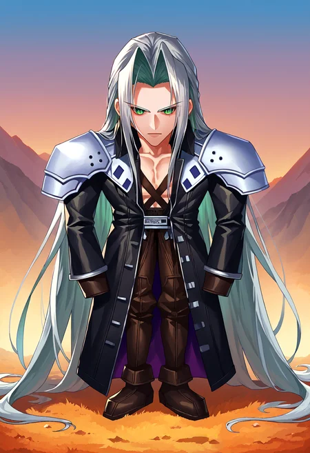 score_9, score_7_up, <lora:StS_PonyXL_Detail_Slider_v1.4_iteration_3:2> hill,
<lora:FFVII_Sephiroth_V1.0:1> sephiroth, official outfit, 1boy, male focus, solo, long hair, grey hair, armor, open clothes, shoulder armor, long sleeves, pectorals, black jacket, jacket, very long hair, parted bangs, black gloves, high collar, long bangs, black coat, green eyes, slit pupils, looking at viewer
<lora:zs_FFVIIChibisXL_1:1> ffviichibis, chibi, full body