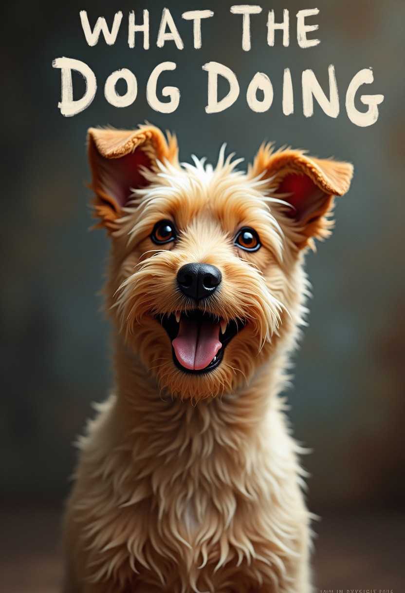 high-resolution Image, dog, ((writen: WHAT THE DOG DOING)) text: WHAT THE DOG DOING, funny dog, text on images saying WHAT THE DOG DOING, funny dog, reslistic, realism style, photoreslism, complex background, goofy dog, text above dog,