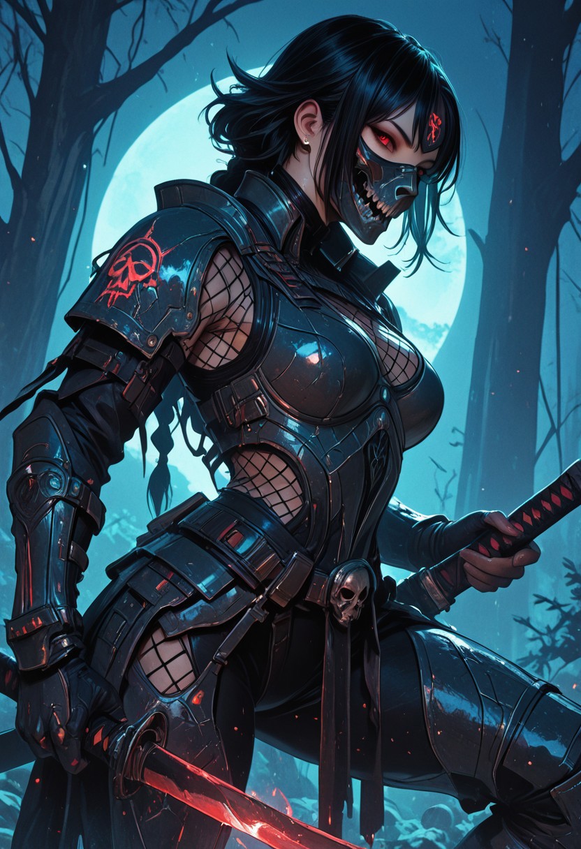 (masterpiece), (best quality), (8k), 1girl, cinematic lighting, dynamic action pose, highres, very detailed, amazing quality, masterpiece, fujimoto_tatsuki, fujimoto_tatsuki_(style), 
very aesthetic, intense,
particle effect,
1girl, samurai, solo, braided hair, layered samurai armor, engraved, bodysuit, tight clothing, fishnets, sleeveless, futuristic armor, runic symbols etched in armor, armored legs, full mask, halfmask, katana, red eyes, skulls, 
assassin theme, japan theme,
looking at viewer, tough pose, holding spear,
mountains, 
at night, night, close up, closeup,