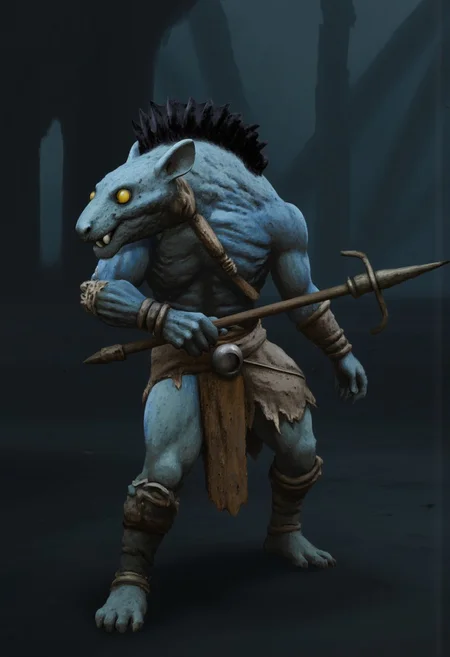 b3rs3rk macro lens d4concept pov, 3D01S, simple background d4artstyle atmospheric and powerful MikeFranchinastyle dark fantasy, natural organic and first person pov of a berserk style creature in the Tsutomu Nihei style
Anthropomorphic reptilian warrior, fusion of dragon, rat, and kobold traits. Muscular bipedal body with blue-gray scaled skin, transitioning to lighter underbelly. Elongated snout with sharp teeth and small protruding fangs. Large, expressive yellow eyes with vertical pupils. Distinctive head features: frilled ears like a kobold, spiky black mohawk running down neck. Armed with primitive weapons: wielding a long spear with metallic tip, dagger at hip. Dressed in leather armor: brown chest piece, tattered loincloth, arm guards, and leg wraps. Adorned with tribal jewelry: bone necklace, metal arm bands. Clawed hands and feet with opposable thumbs. Long, thick tail for balance. Skin texture highly detailed: mix of smooth scales and rough, battle-scarred patches. Pose: alert fighting stance, spear at the ready. Background: misty swamp or dim forest setting. Lighting: moody, emphasizing form and texture. Style: hyper-realistic 3D render with painterly touches. Atmosphere: primal, dangerous creature in its natural habitat.
UHD letterboxed game trailer frame chromatic aberration dark atmosphere sharp masterpiece with a focus on the character, elden ring, dark atmosphere