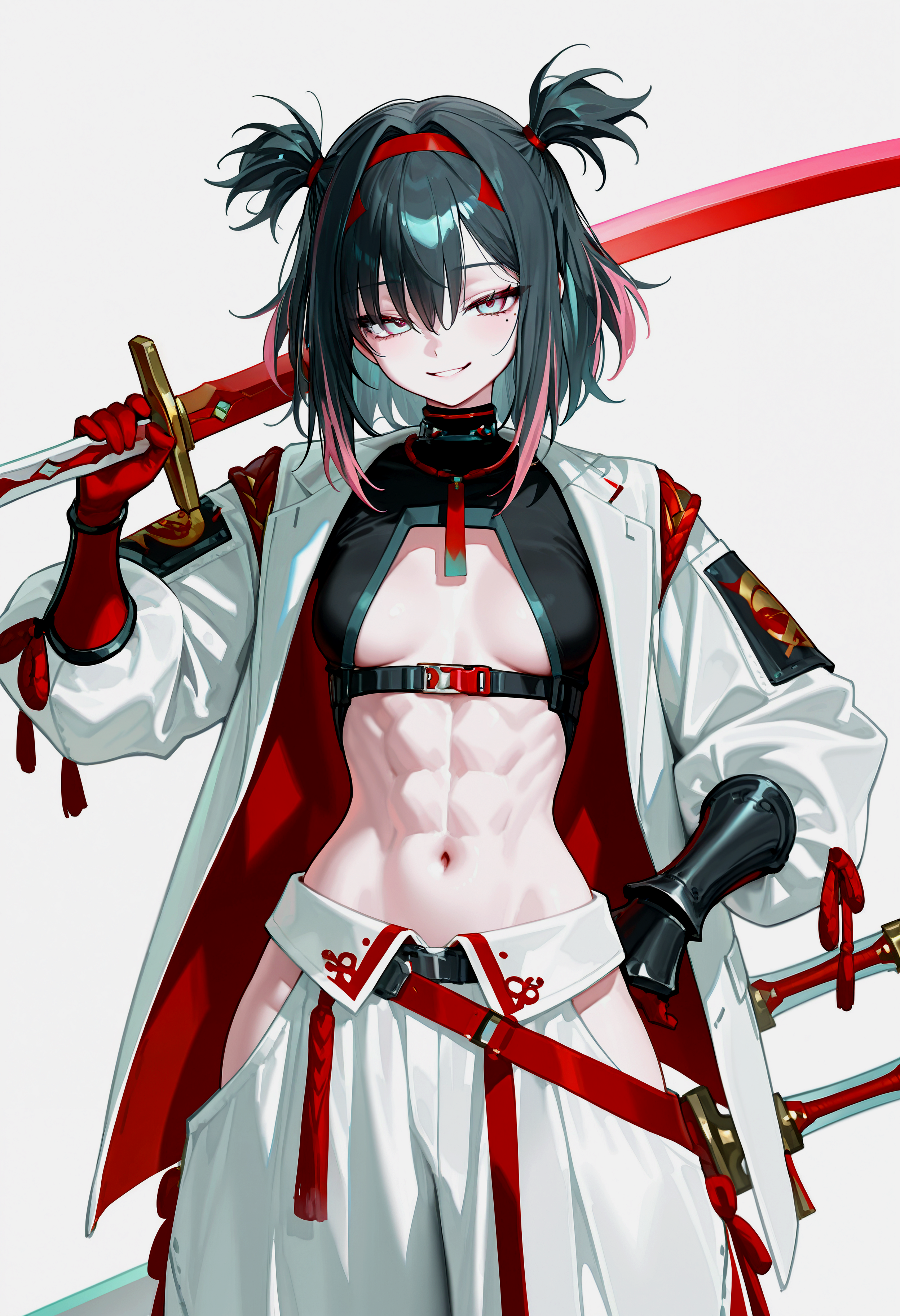 (solo), EternalReturn_Hisui, 1girl, pale skin, mole under eye, pink eyes, aqua eyes, multicolored eyes, medium hair, two side up, bangs, black hair, streaked hair, two-tone hair, hair ornament, hair intakes, sidelocks, hair between eyes, small breasts, abs, wide hips, thick thighs, red hairband, choker, white coat, puffy long sleeves, arm patch, open coat, open clothes, revealing clothes, breasts apart, black crop top, underboob, center opening, midriff, weapon on back, hip vent, baggy pants, strap, white pants, black belt, red obi, red sash, black gauntlet, red gloves, over shoulder, weapon over shoulder, sword over shoulder, sword behind back, standing, seductive eyes, seductive smile, in heat, aroused, (simple background, white background), <lora:IL\KMS_EternalReturn_Hisui_IL-000007:1>