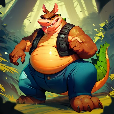 score_9, score_8_up, score_7_up, score_6_up, score_5_up, score_4_up, dingodile, dingo, crocodile tail, monster, mutant, scaly, furry, vest, jeans, fat, chubby, orange eyes, smile, tongue out, action pose, forest background,