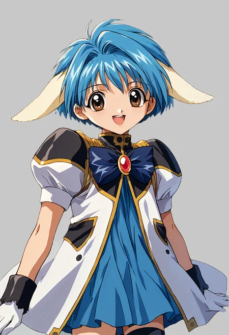 score_9, score_8_up, score_7_up, rating_safe, source_anime BREAK 1girl, solo, ga_mint, (1990s\(style)\:0.3), short, petite, kawaii, cowboy shot, upper body, military uniform, blue bowtie, brooch, white gloves, blue skirt, black thighhighs, blue hair, extra ears, animal ears, short hair, bangs, brown eyes, looking at you, smile, open mouth, simple background <lora:ga_mint:1> <lora:cnv3mdde878c738thn20:0.5>