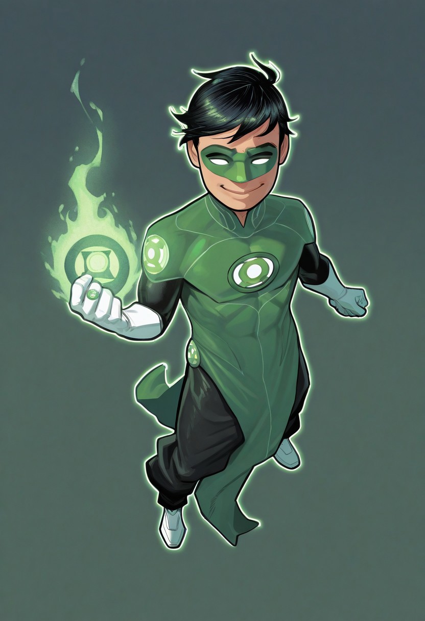 masterpiece, absurdres, high quality, perfect anatomy, 1boy, solo, cute boy, male focus, TaiPham, Black Hair, Green Lantern Ring, Green Lantern Costume, Green and Black Bodysuit, Green Domino Mask, White Eyes, White Gloves, Pelvic Curtain, Black Pants, White Shoes, Glowing Green Outline, Green Energy Aura, floating, levitating, big smile, cinematic, intricately detailed illustration, depth of field, masterpiece, best quality, amazing quality, very aesthetic, absurdres, newest, very awa,  shadow, dynamic angle, casual cosplay, dynamic pose, simple background, green theme, flying, city, sunset,