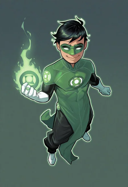 masterpiece, absurdres, high quality, perfect anatomy, 1boy, solo, cute boy, male focus, TaiPham, Black Hair, Green Lantern Ring, Green Lantern Costume, Green and Black Bodysuit, Green Domino Mask, White Eyes, White Gloves, Pelvic Curtain, Black Pants, White Shoes, Glowing Green Outline, Green Energy Aura, floating, levitating, big smile, cinematic, intricately detailed illustration, depth of field, masterpiece, best quality, amazing quality, very aesthetic, absurdres, newest, very awa,  shadow, dynamic angle, casual cosplay, dynamic pose, simple background, green theme, flying, city, sunset,