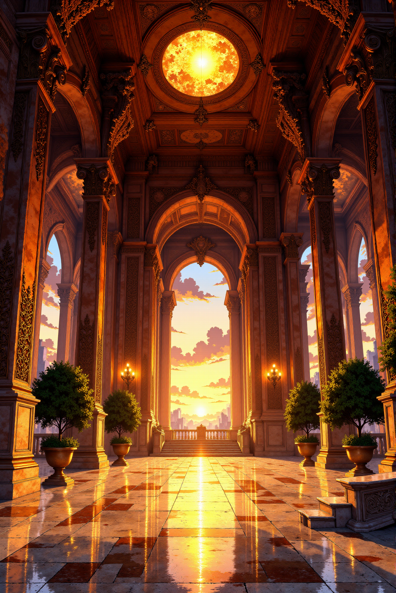 <lora:Vibrantly_Sharp_style_v.5:0.9>  Grand Celestial Chamber at Sunset. A towering palace hall stands in solemn magnificence, its colossal marble columns adorned with gilded filigree and celestial engravings. The expansive windows frame a breathtaking sunset, where the golden light spills through the arches, reflecting upon the glossy marble floors like liquid fire. The ornate ceiling, sculpted with intricate geometric patterns, features an enormous central medallion, glowing softly as if infused with divine energy. Potted palms and sculpted stone benches line the periphery, adding a serene balance to the grandeur. The scene is rich in detail, merging neoclassical architecture with celestial fantasy, painted with meticulous precision to enhance its dreamlike, cinematic ambiance.