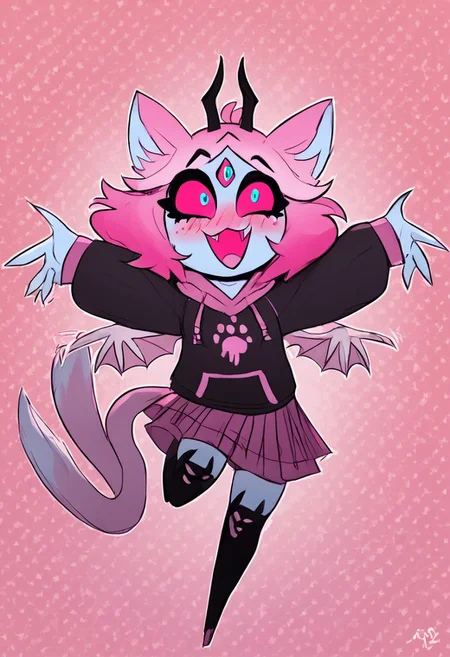 score_7_up, score_6_up, score_5_up, score_4_up, Expressiveh, nsilverdraws, N0R3AL_PDXL, HCSV1,(full body shot), (emberlynn pinkle), 1girl, source_anime, pink hair, wings, colored sclera, open mouth, animal ears, hood, cat ears, cute girl room background, incoming hug, bust shot, outstretched arms, hands, front view, happy, smiling, open mouth, heavy blush, blushing, full face blush, head tilted back, running forward, running towards viewer, motion lines, leaning forward, rainbow background, sparkly background, foreshortening, five fingers on each hand,
