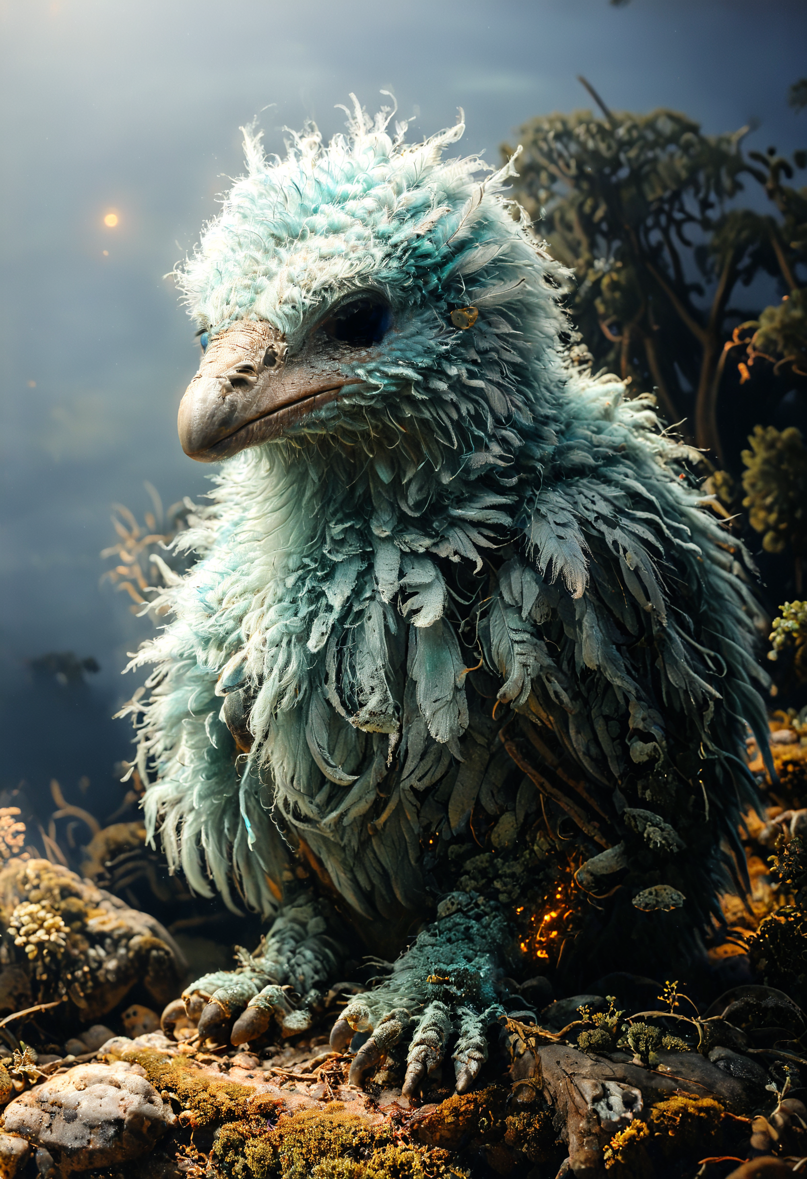 <lora:Mythical_Beasts:0.8> fmb Emu,  <lora:xl_more_art-full_v1:0.8>, moody lighting, <lora:Bio-Luminescence:0.8> bioluminescent, glowing <lora:The_Classic:0.8>
