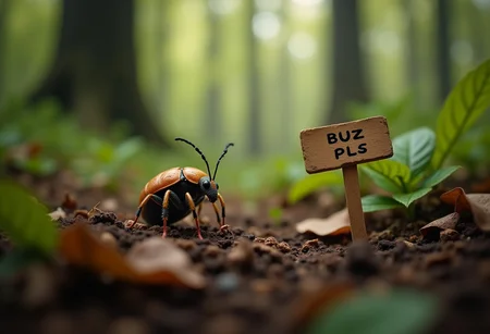 A realistic macro shot of a forest floor. Everything is enormous, even leaves and twigs. Trees are so large they're hazy and lost in the distance. A very tiny, cute little bug is alone on the ground. It holds up a small sign that says "buzz pls"