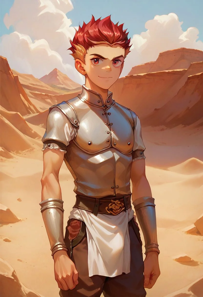 score_9, score_8_up, score_8_up, 1boy, handsome twink, masterpiece, gold and crimson hair, crimson eyes, medieval clothing, medieval pants, medieval shirt, detailed cloth clothing, detailed background, flat desert background, sandy desert, standing up, taiga, neutral expression, light smile, light tan