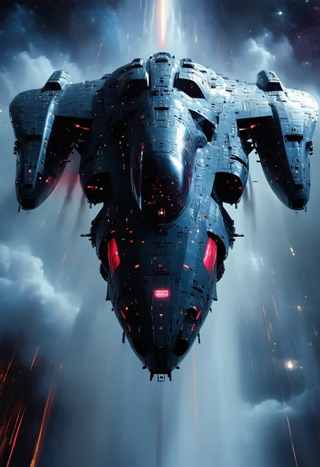 silhouette art, chiascuro, cyberpunk, an armored futuristic spaceship, adorned with intricate, metallic details, with glowing red diodes and LEDs, illuminated cockpit, flying rapidly through a dark, space background with motion blur, viewed diagonally from the front, directional lighting, silhouetted, light hitting one side, inkwash image
