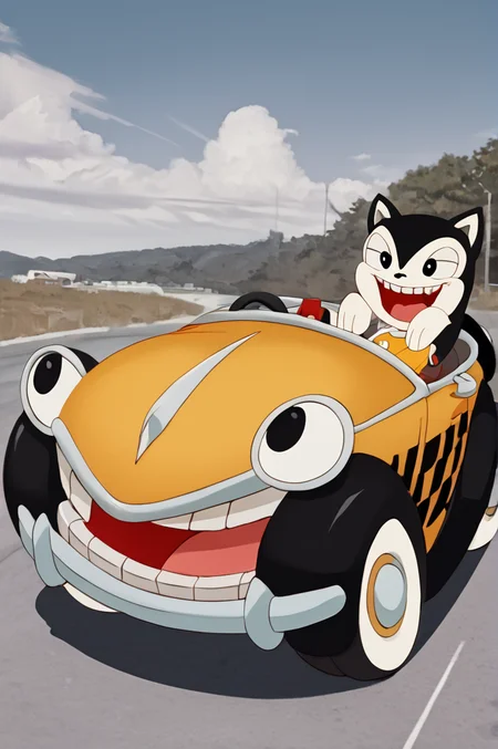 score_9, score_8_up, score_7_up, illustration, source_manga, rating_safe, r3tr0XLP ,<lora:r3tr0XLP:0.7>, b3NnyC4b, benny, cartoon car, cartoon taxi, large eyes, headlight eyes, grill mouth, yellow cab, steering wheel, checkered pattern, white tires, flat tires, mouth open, teeth, happy expression, no driver, <lora:Benny_The_Cab_-_Who_Framed_Roger_Rabbit_1988_-_Pony:0.8>, break,  (at the beach:1.2)
