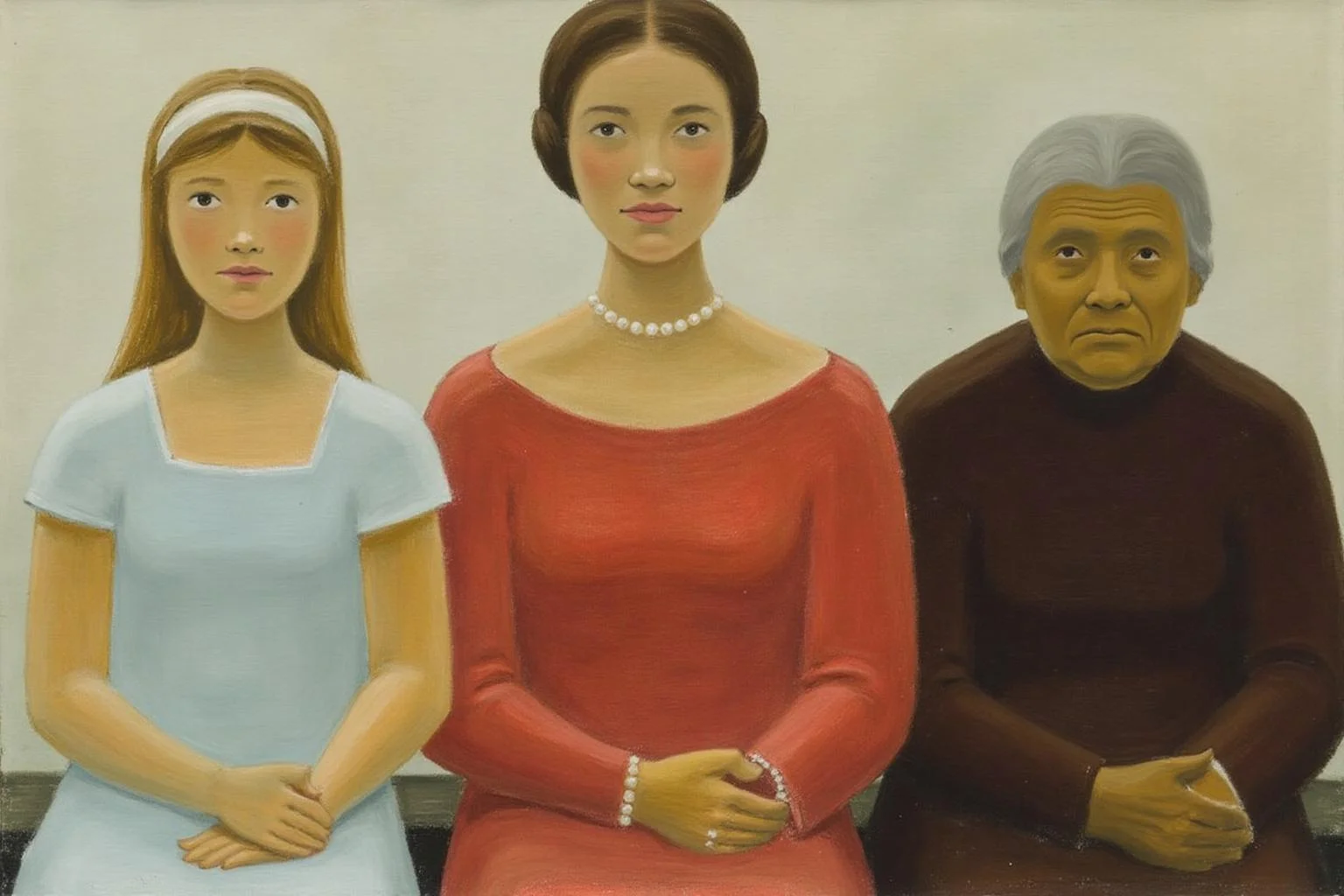 jeanpaullemieux1 painting.
Three women are seated closely together. On the left is a young girl with long brown hair, wearing a white headband and a light blue, short-sleeved dress with a square neckline. In the center is a woman wearing a pearl necklace and a red dress. On the right is an elderly woman with gray hair. <lora:jeanpaullemieux1_cap_d6a3e8:1.0><lora:841082810203791321:0>
