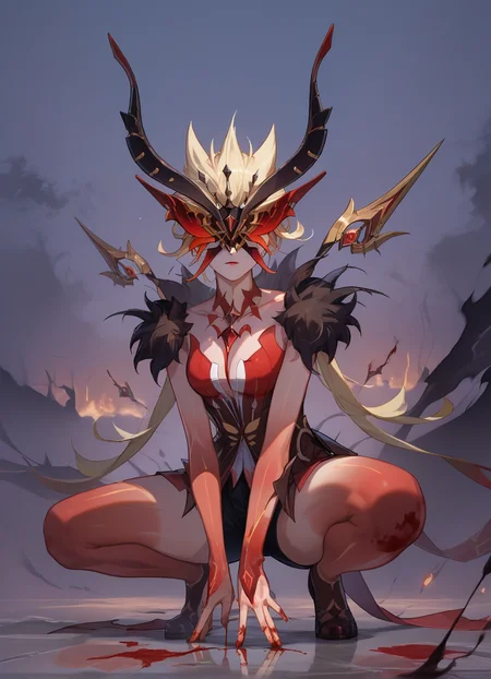 of score_9, score_8_up, score_7_up, source_anime,squatting, (fog:1.2),blood, solo, 1girl, signorawitch, mask, blonde hair, <lora:signorawitch:0.8>