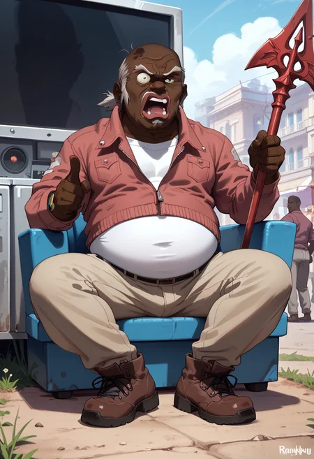 score_9, score_8_up, score_7_up, 1boy, uncle_ruckus, fat, white shirt, jacket, pants, boots,
He's sitting at the spear, staring at the screen, pointing at the screen, yelling, angry,