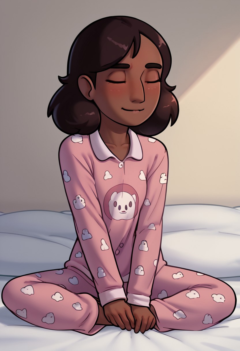 score_9, Score_8, relatedguy, solo, 1girl, CHCONNIE, print_pajamas, brightmoonbedroom