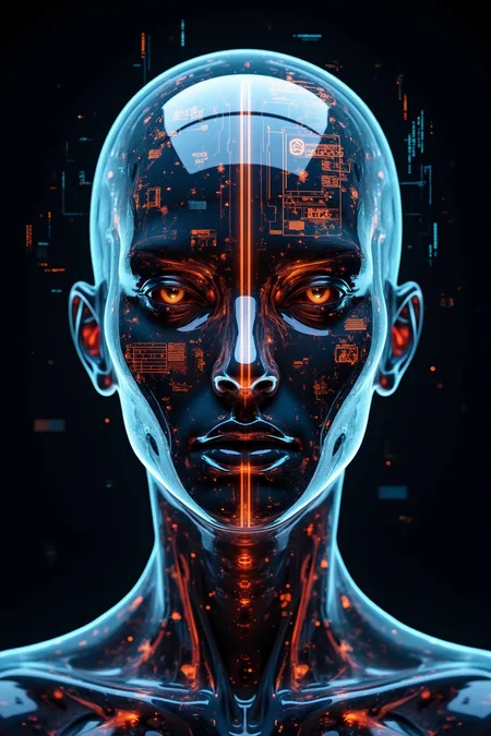Acrylic, Translucent style, Hyper-detailed futuristic cybernetic humanoid, ultra-realistic synthetic skin with a translucent glass-like surface revealing intricate circuits and neon-lit neural pathways. The face is perfectly symmetrical, divided by a thin glowing line, with a slight misalignment as if cut and shifted. High-tech HUD interface overlays with glowing orange and blue holographic symbols, geometric grids, and cryptic alphanumeric codes. Eyes are partially cybernetic, one glowing red, the other deep blue, reflecting data streams. The subject wears a sleek, form-fitting exoskeleton with embedded microchips and illuminated neural connections. The background is deep black, contrasting with the bright neon elements, giving an ultra-modern AI-powered aesthetic. High contrast, cinematic lighting, ultra-sharp details, photorealistic rendering, 8K resolution.