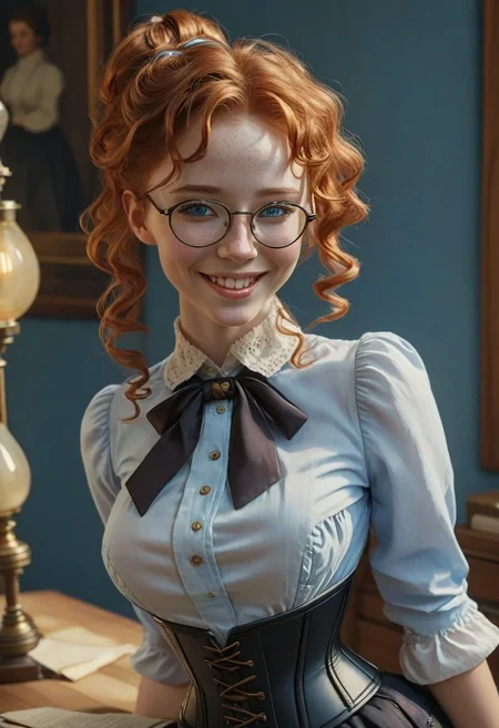 epiCRealism, Closeup, ((Fixhand)), amazing quality, masterpiece, best quality, hyper detailed, ultra detailed, UHD, perfect anatomy, portrait, dof, hyper-realism, majestic, awesome, a busty freckled girl with extremely swooping breasts that strains her blouse and underbust corset, smile, blush, wavy curly ginger hair tied up in a bun, perfect and curious light blue eyes,she has an hourglass figure with narrow waist and large round breasts, she is an accountant in a Victorian Bank working on vintage ledger besides, wearing big round glasses and black sleeve garters and shirt cuff black protectors, cinematic composition, soft shadows, national geographic style, white blouse unbuttoned, cleavage, sly smile, one hand on cleavage, extremely detailed background,(((pale blue shirt)))