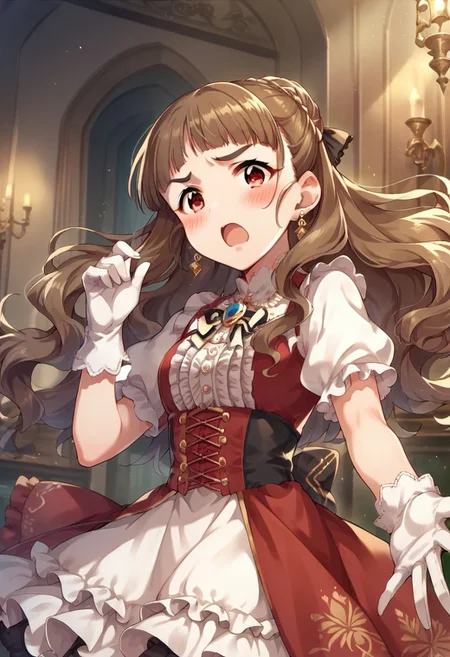 score_9, score_8_up, score_7_up, source_anime,kamiya nao, brown hair, long hair, red eyes, 1girl, gloves, dress, solo, white gloves, jewelry, open mouth, blush, earrings, frills