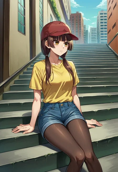 score_9, score_8_up, source_anime, 1girl, solo, HarumiTaniguchi, yellow eyes, brown hair, long hair, low twintails, blunt bangs, blunt ends, baseball cap, yellow shirt, t-shirt, denim shorts, pantyhose under shorts, sitting, stairs, outdoors, city, <lora:ChamHarumiTaniguchiPonyXL:1>