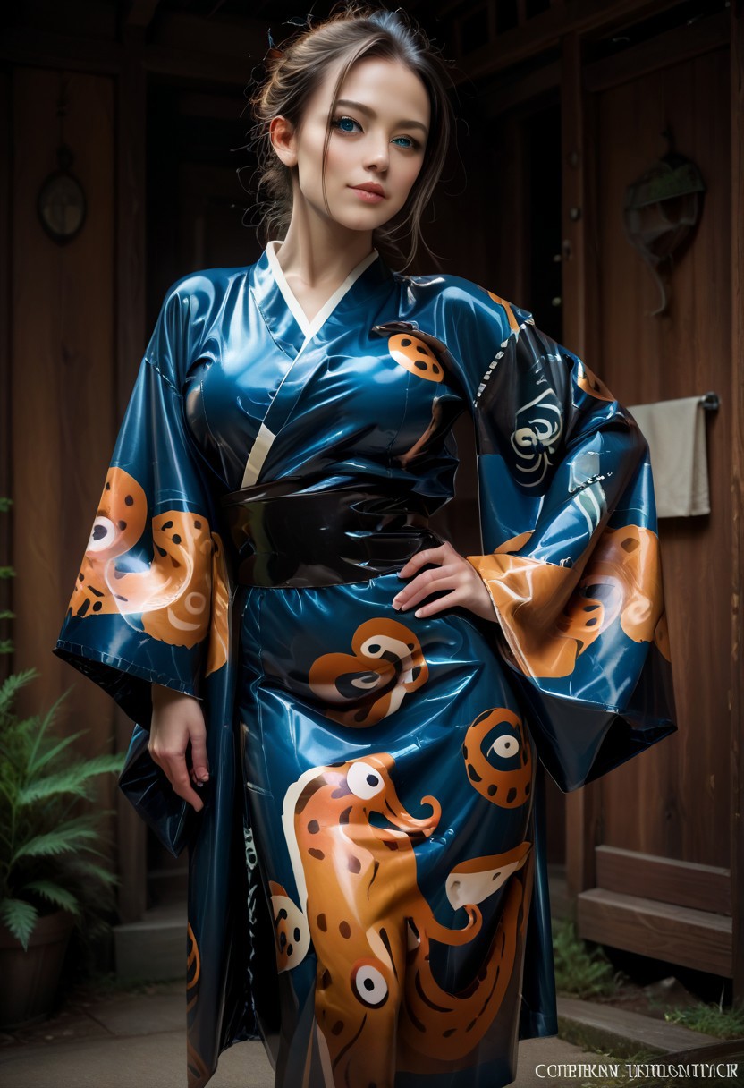 score_9, score_8_up, score_7_up, rating_safe, concept art, semi-realistic, 1girl, solo.
Young beautiful face, fit body, Blue eyes.
(Big breast:1.2), (Round breast:1.2).
Latex Kimono, Wide sleeves, Obi.
((Print on sleeves)), Octopus print.