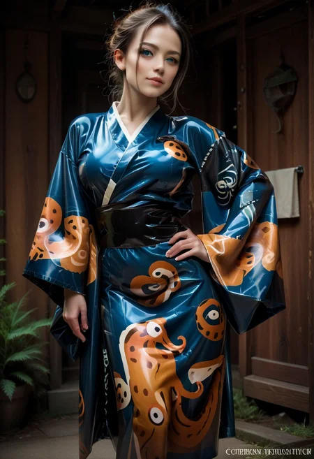 score_9, score_8_up, score_7_up, rating_safe, concept art, semi-realistic, 1girl, solo.
Young beautiful face, fit body, Blue eyes.
(Big breast:1.2), (Round breast:1.2).
Latex Kimono, Wide sleeves, Obi.
((Print on sleeves)), Octopus print.